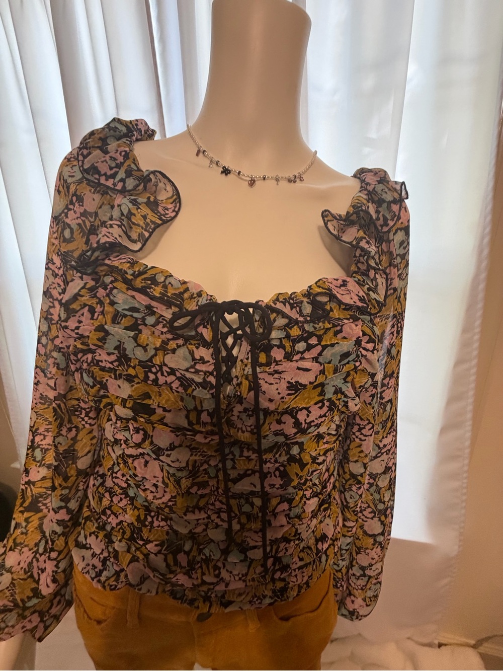 Free People Floral Ruffle Long Sleeve Blouse in Pink, Mustard, Black
